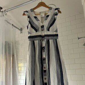 Point Sur J.Crew Size 00 Linen Blue White Striped Midi Dress Button Front